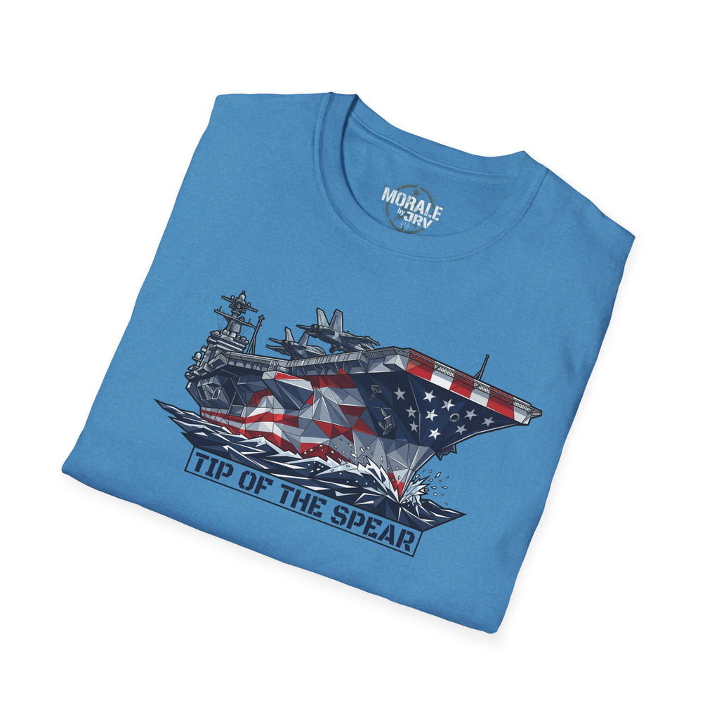Light blue T-shirt with aircraft carrier graphic and “TIP OF THE SPEAR” text