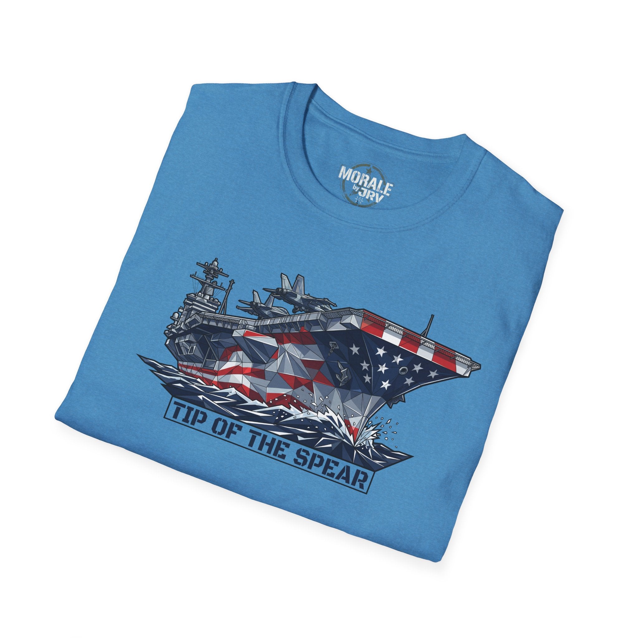 Light blue T-shirt with aircraft carrier graphic and “TIP OF THE SPEAR” text