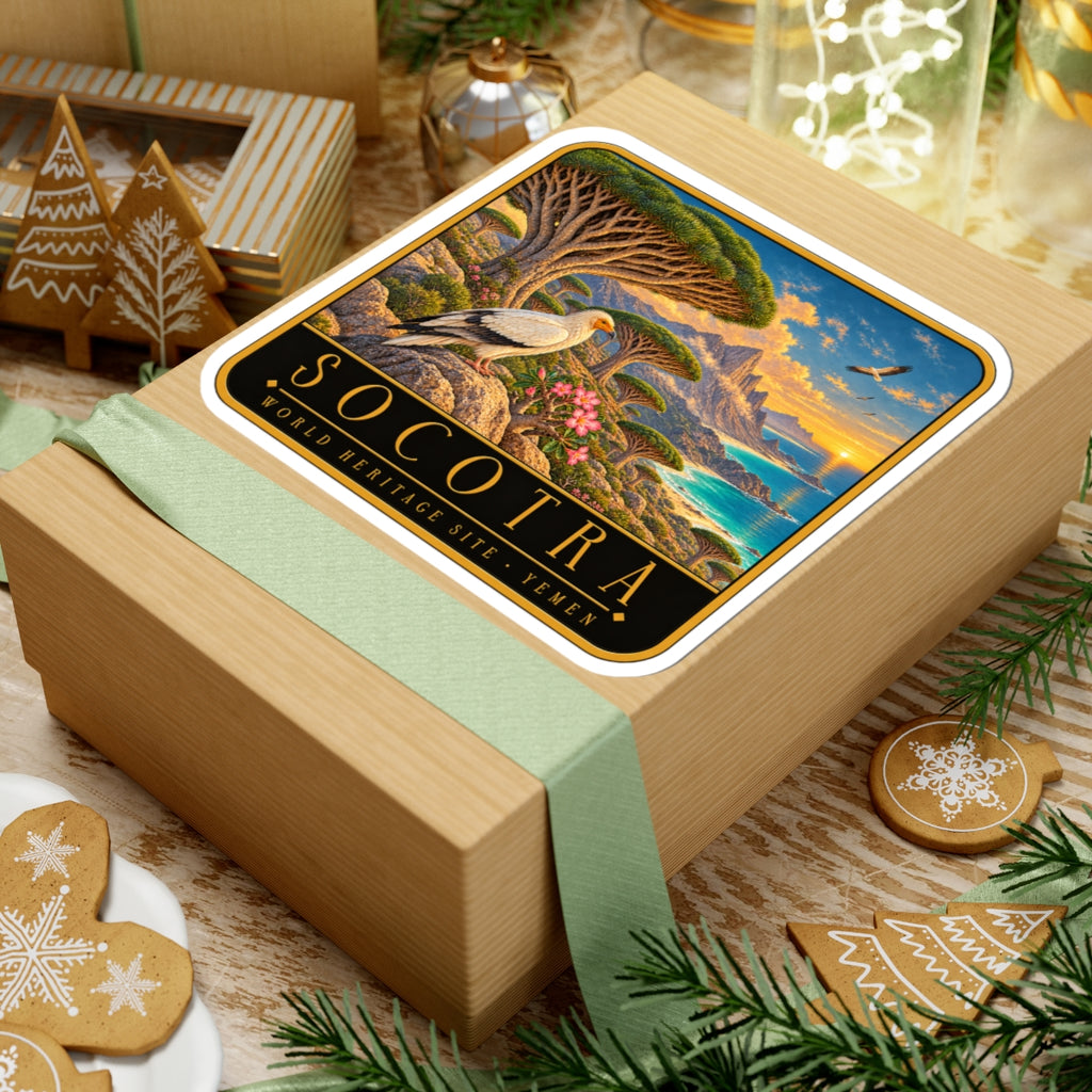 Rounded vinyl decal on gift: pelican over dragon blood tree, sea and sunset artwork.