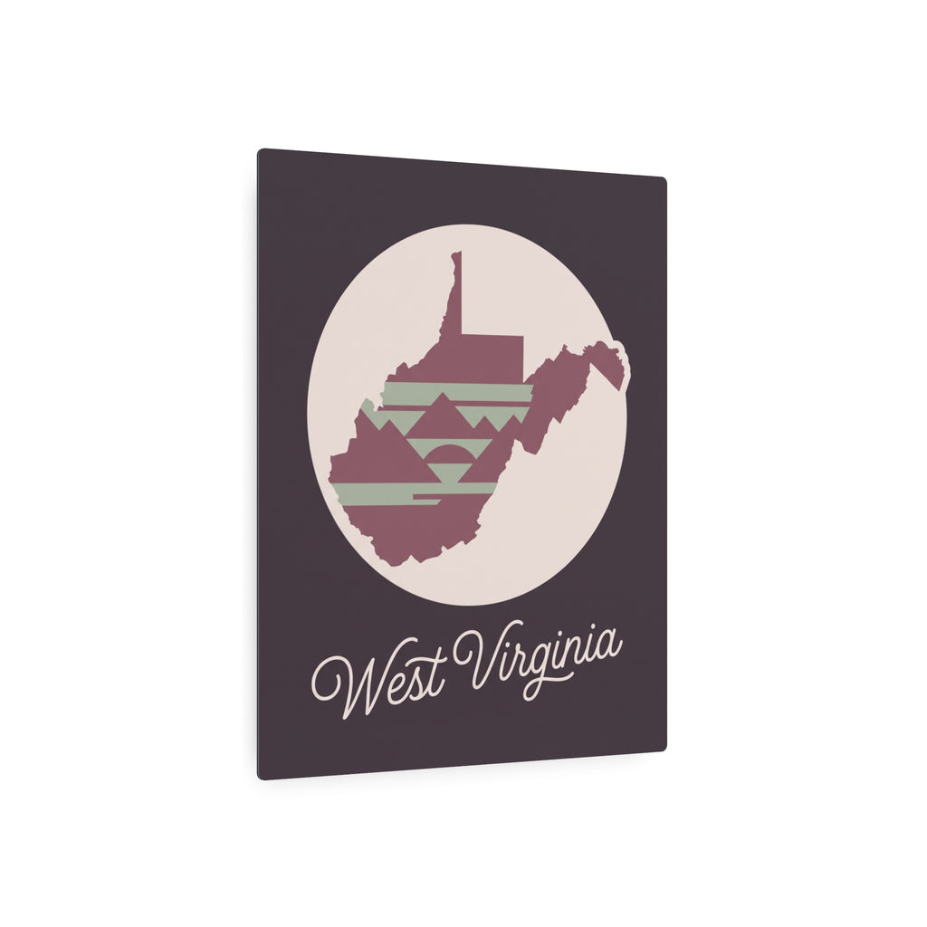 Mauve metal wall art sign with circular West Virginia silhouette and 'West Virginia' script