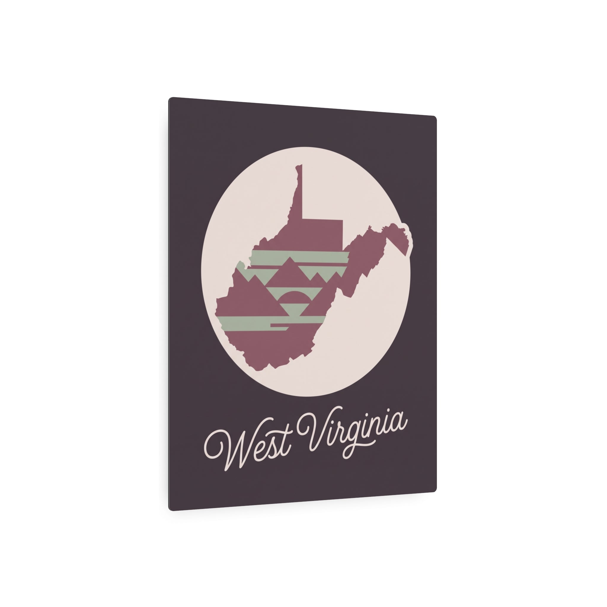 Mauve metal wall art sign with circular West Virginia silhouette and 'West Virginia' script