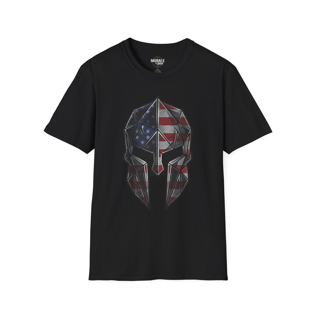 American Flag Spartan Helmet T-Shirt, black with geometric patriotic eagle skull front graphic