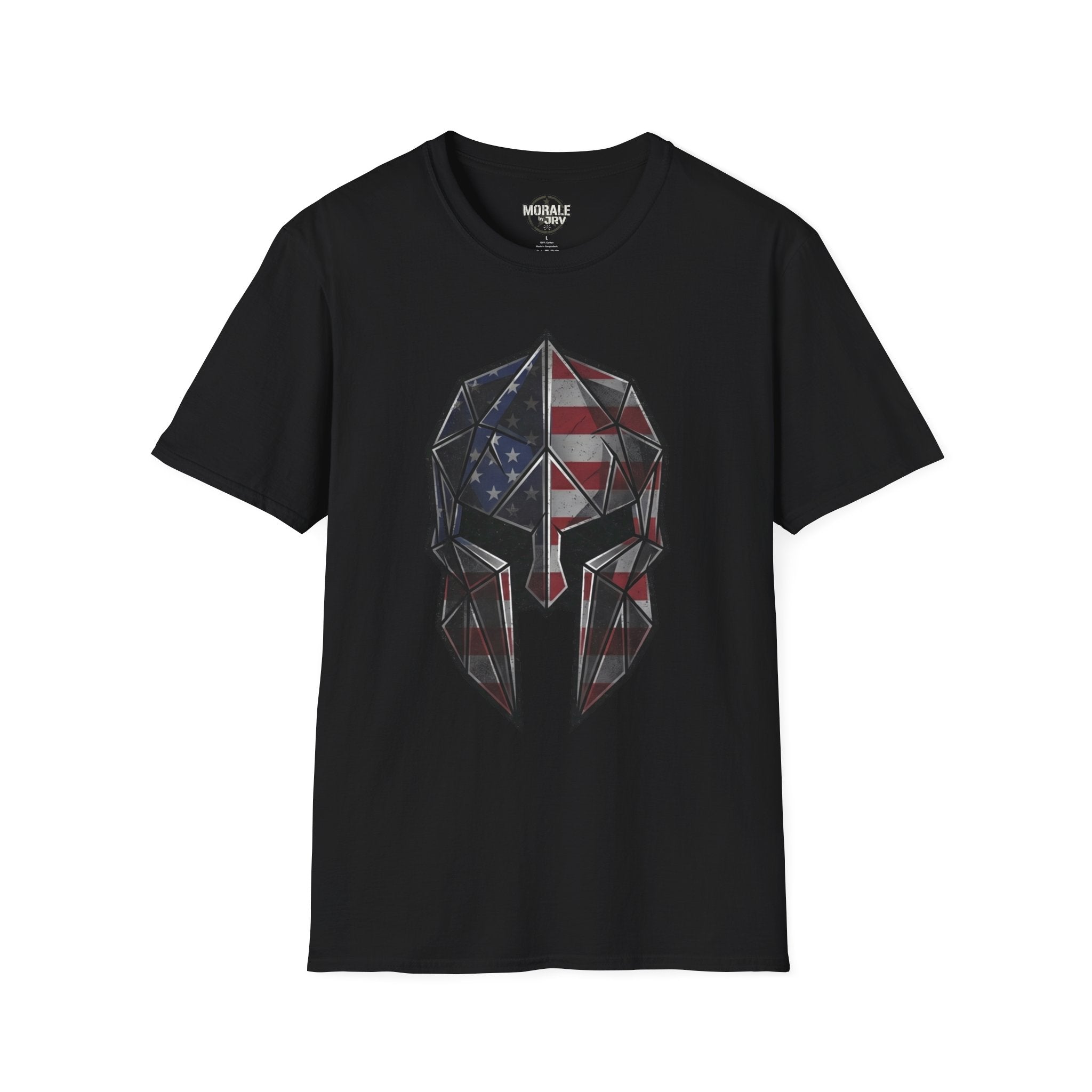 American Flag Spartan Helmet T-Shirt, black with geometric patriotic eagle skull front graphic