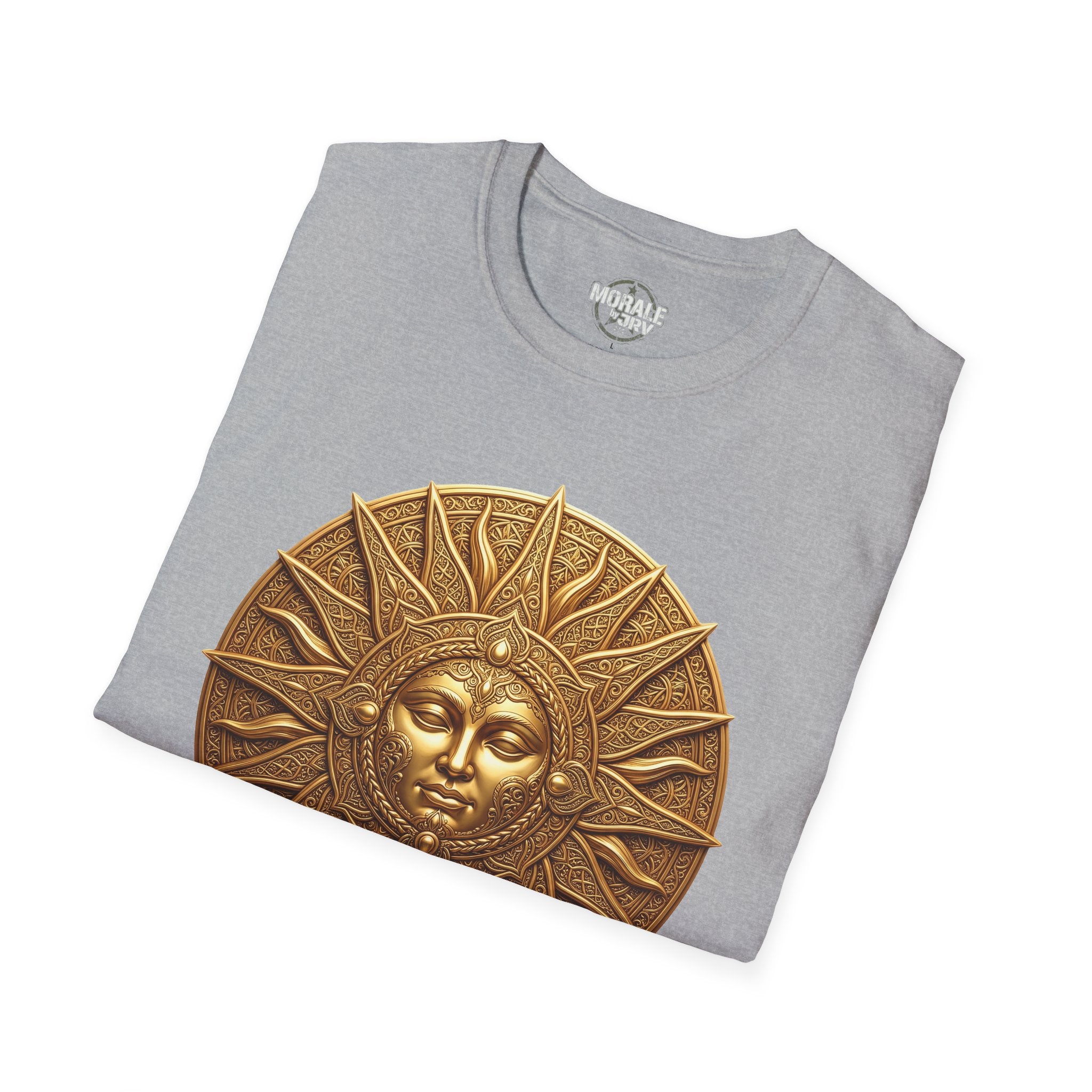 Sport Grey T-shirt with bronze-gold sun face medallion graphic on chest.