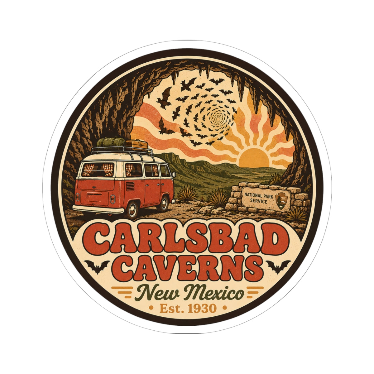 Round vintage-style Carlsbad Caverns sticker featuring orange camper van and desert sun over cave