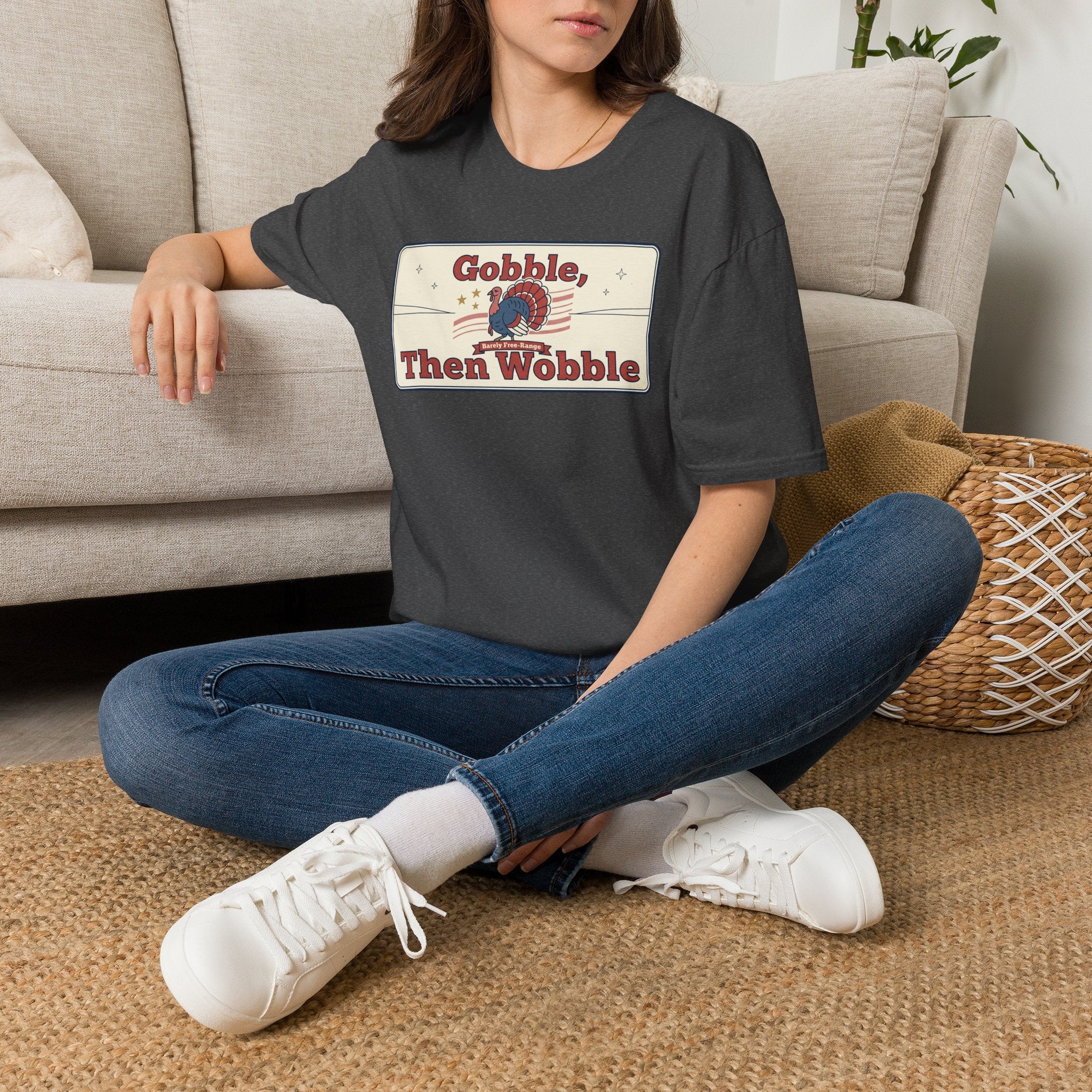 Dark gray T-shirt with “Gobble Then Wobble” turkey graphic on the chest.