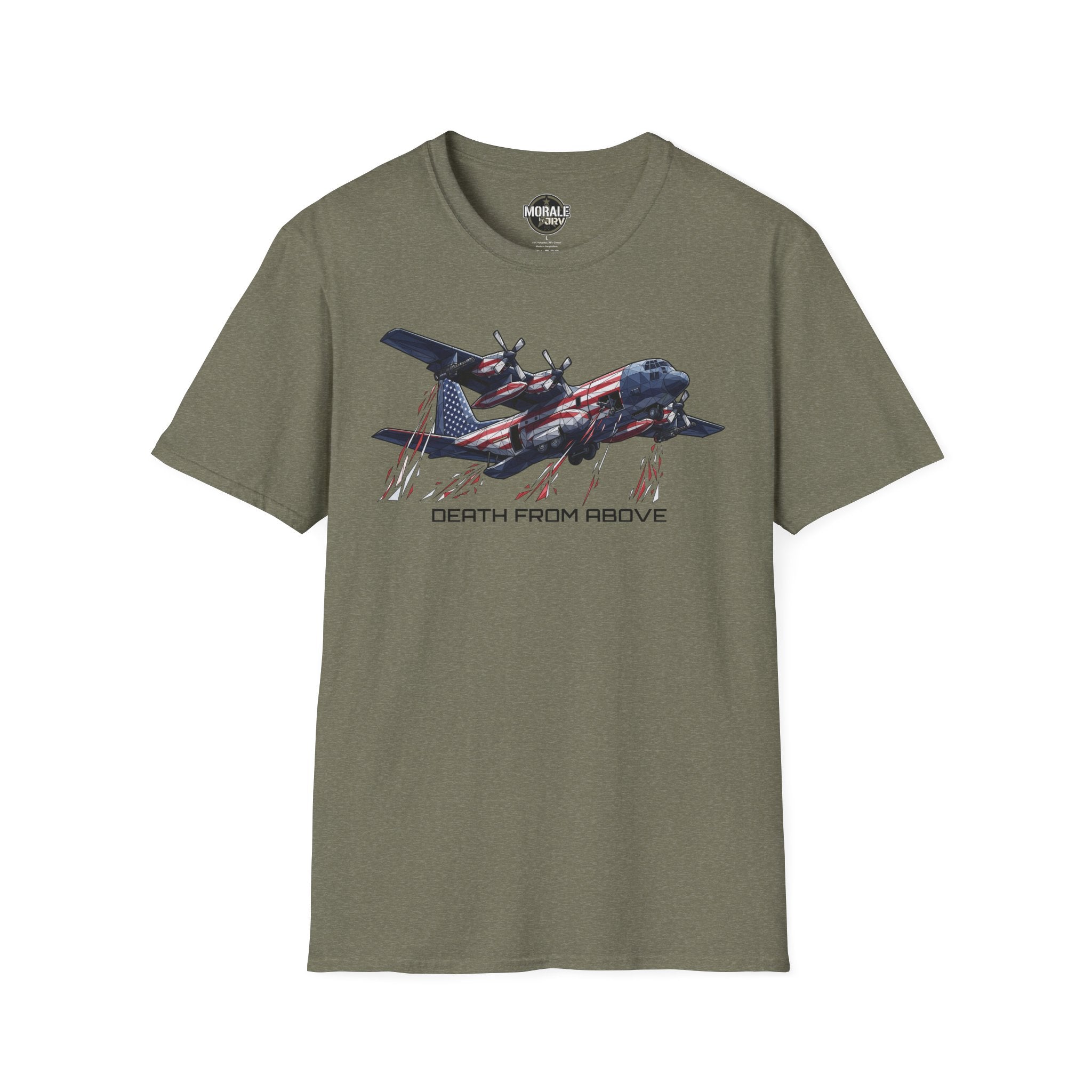 DEATH FROM ABOVE C-130 T-shirt, olive green, front airplane graphic with flag