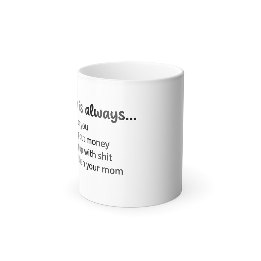 My Mom Checklist color morphing mug, white with partial checklist text