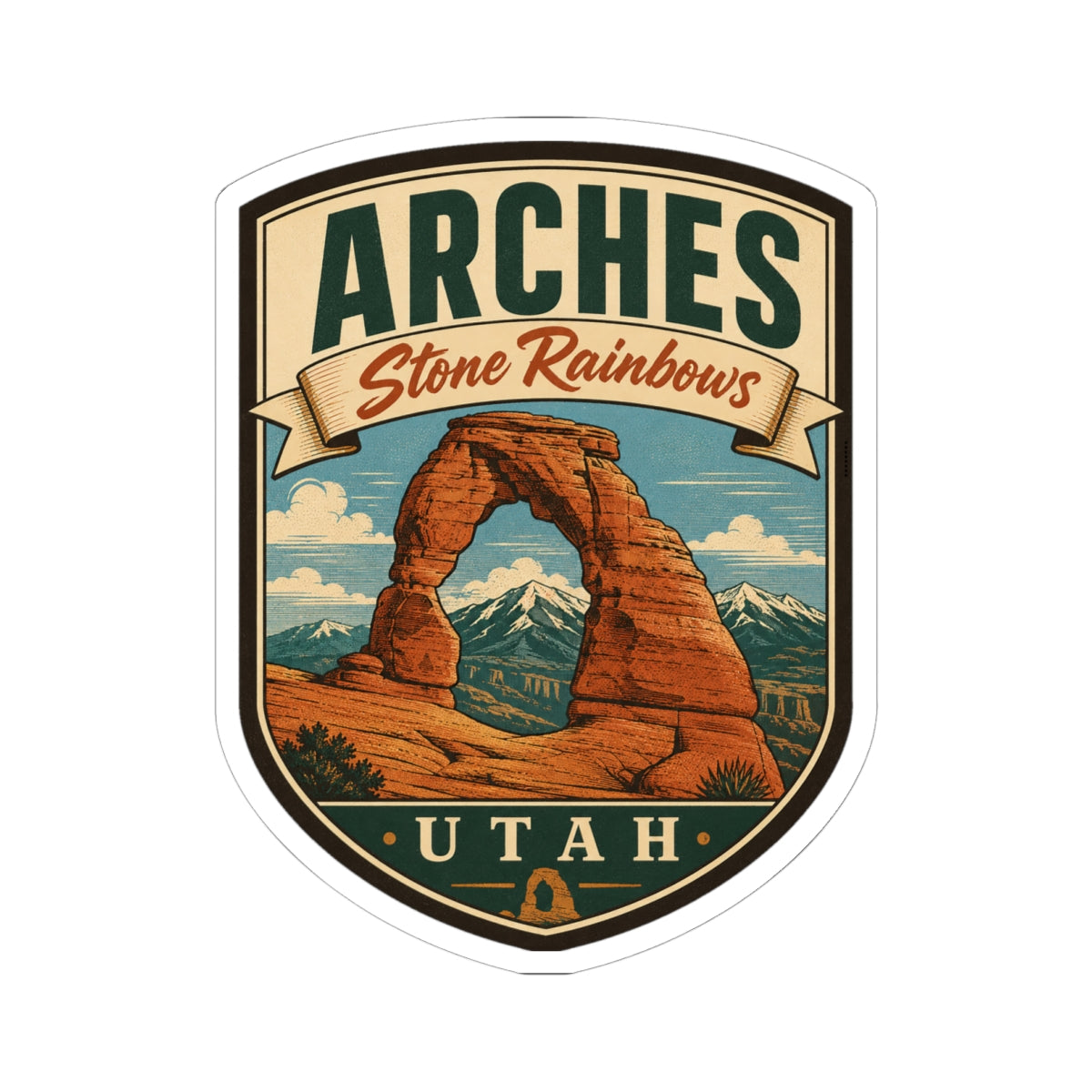 Shield-shaped Arches Utah kiss-cut sticker showing Delicate Arch beneath the Stone Rainbows ribbon