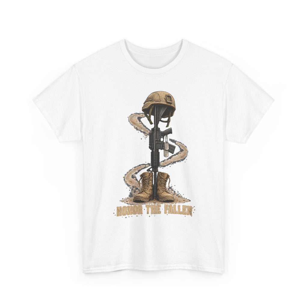 White graphic t-shirt with soldier and rifle emblem on front.