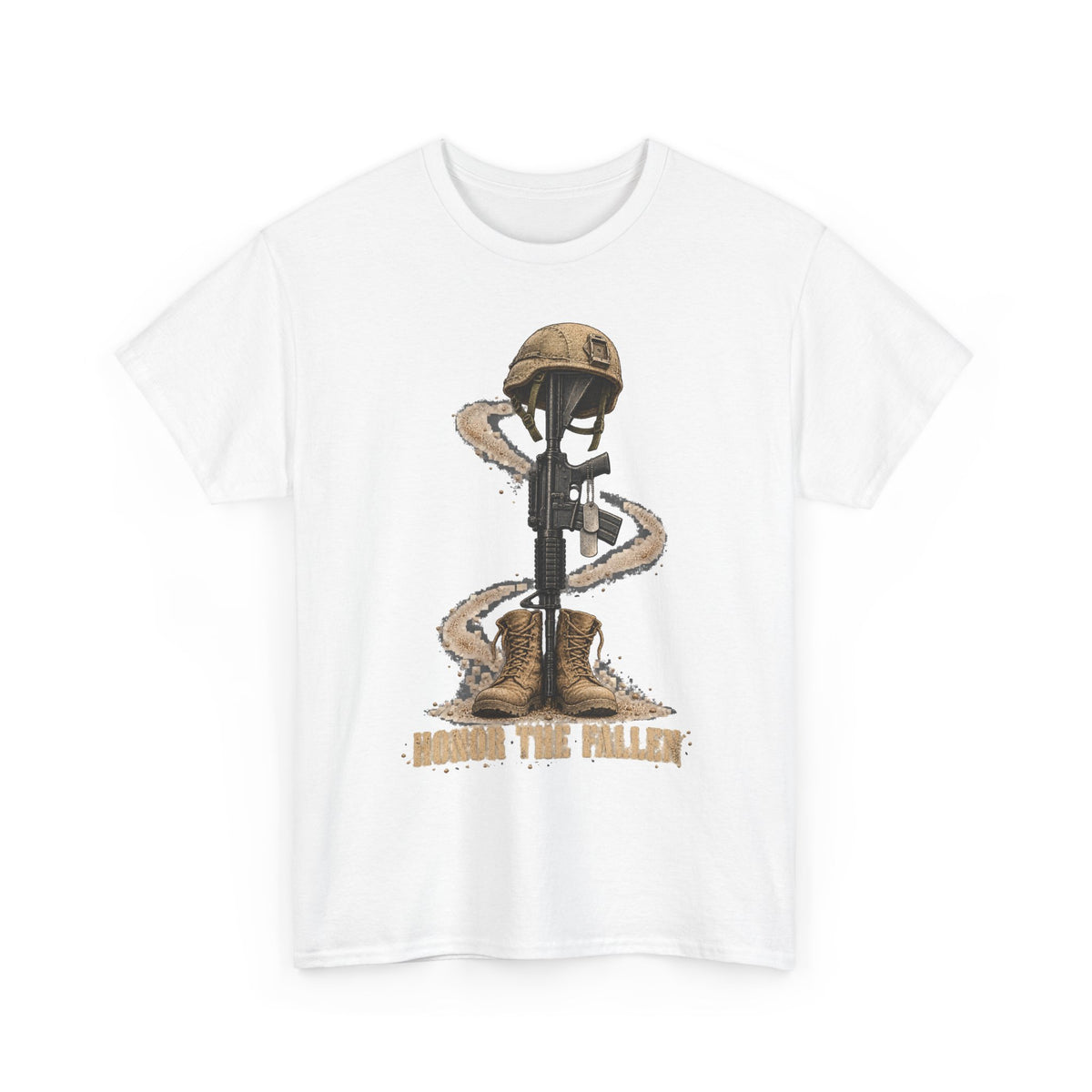 White graphic t-shirt with soldier and rifle emblem on front.