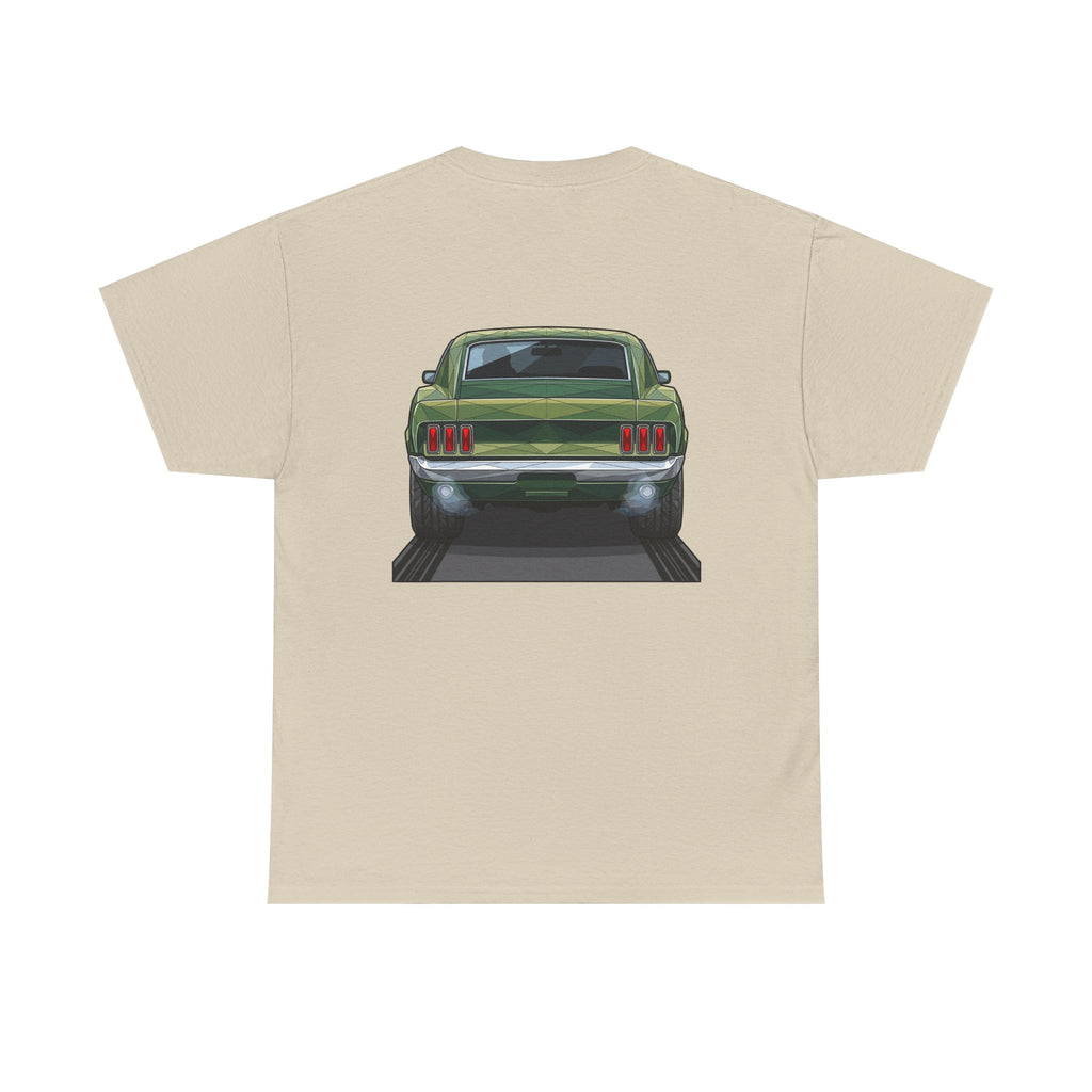 Sand muscle car graphic T-shirt with front view illustration on back