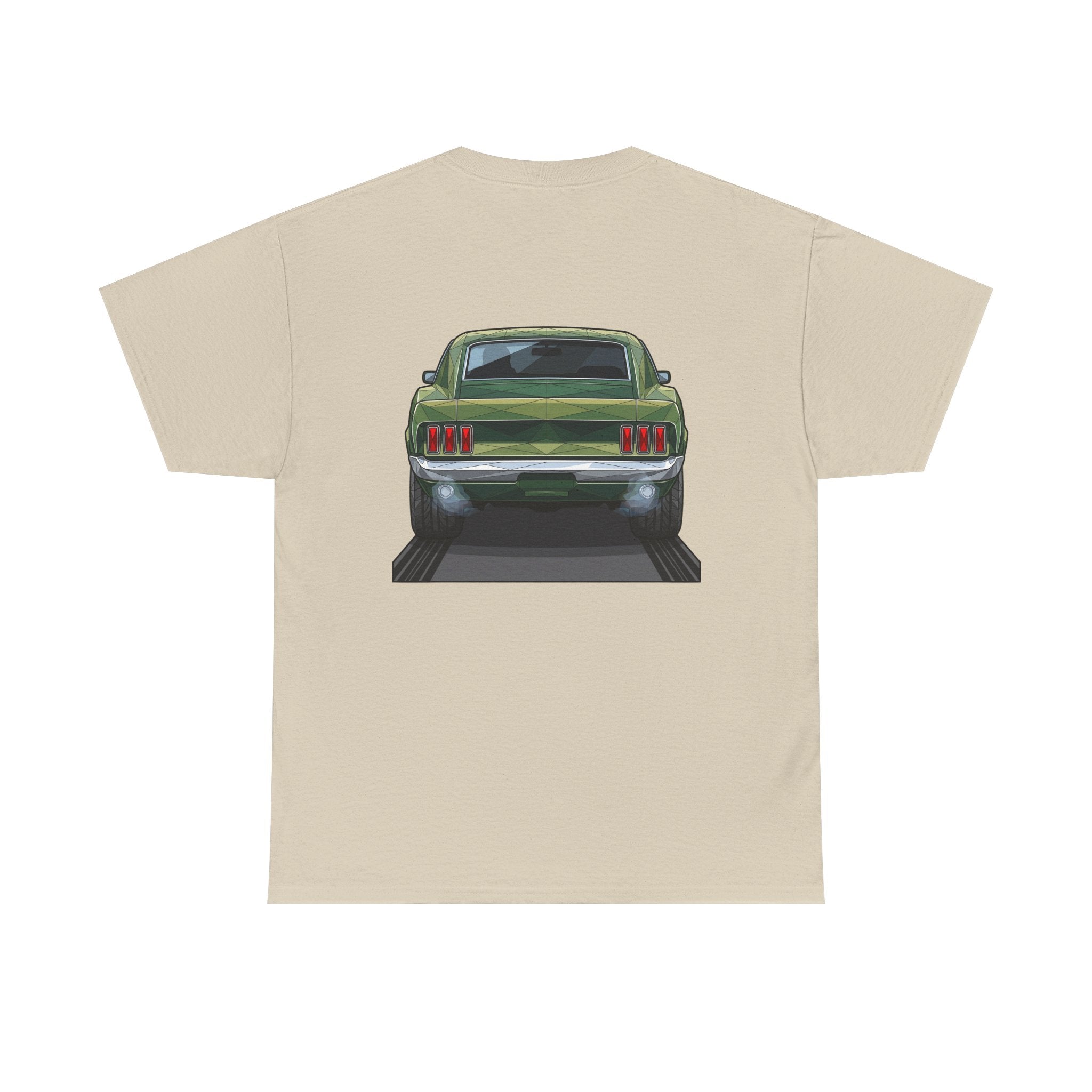 Sand muscle car graphic T-shirt with front view illustration on back