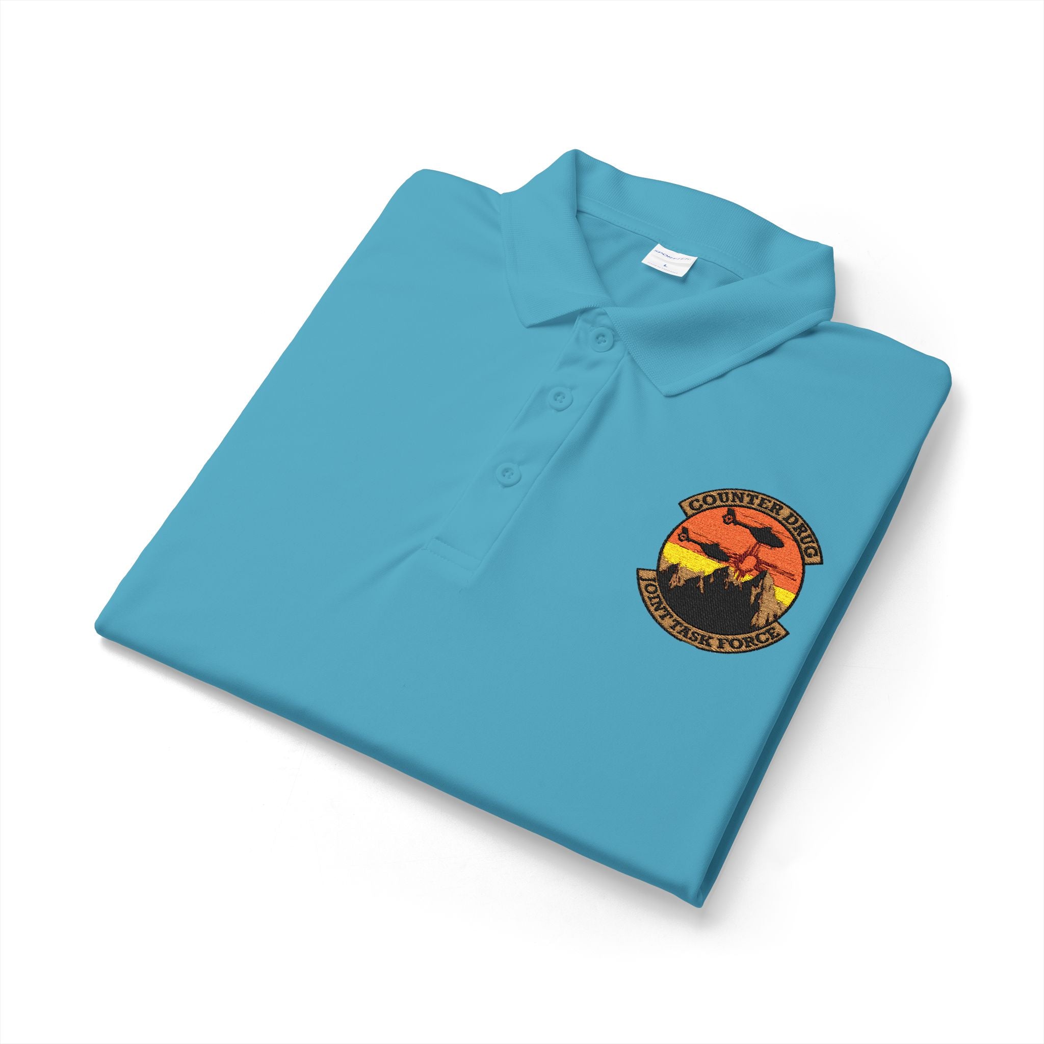 Sunset Surf polo shirt, teal with embroidered logo patch at chest