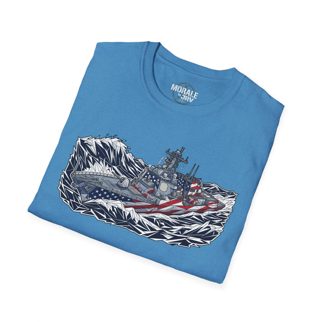 Light blue T-shirt with battleship and American flag graphic on front