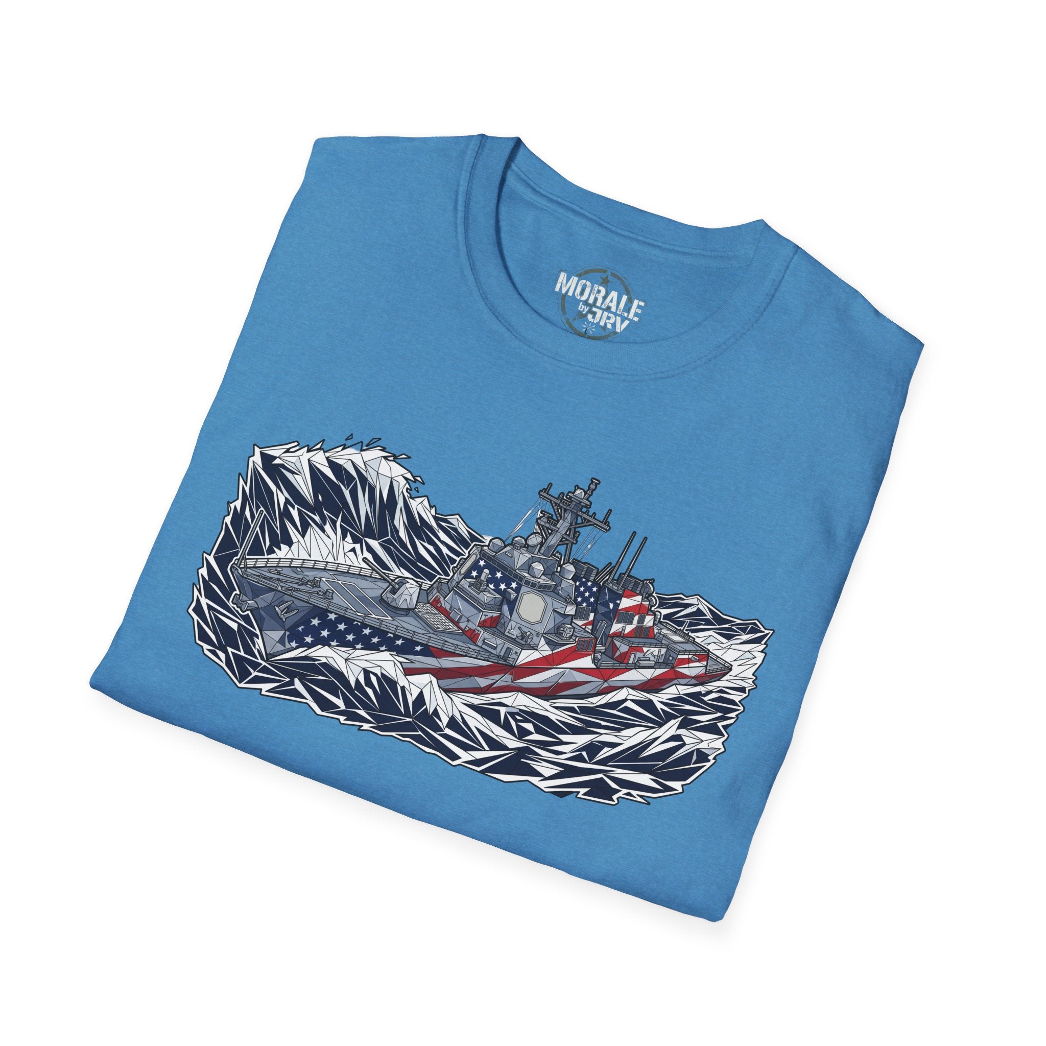 Light blue T-shirt with battleship and American flag graphic on front