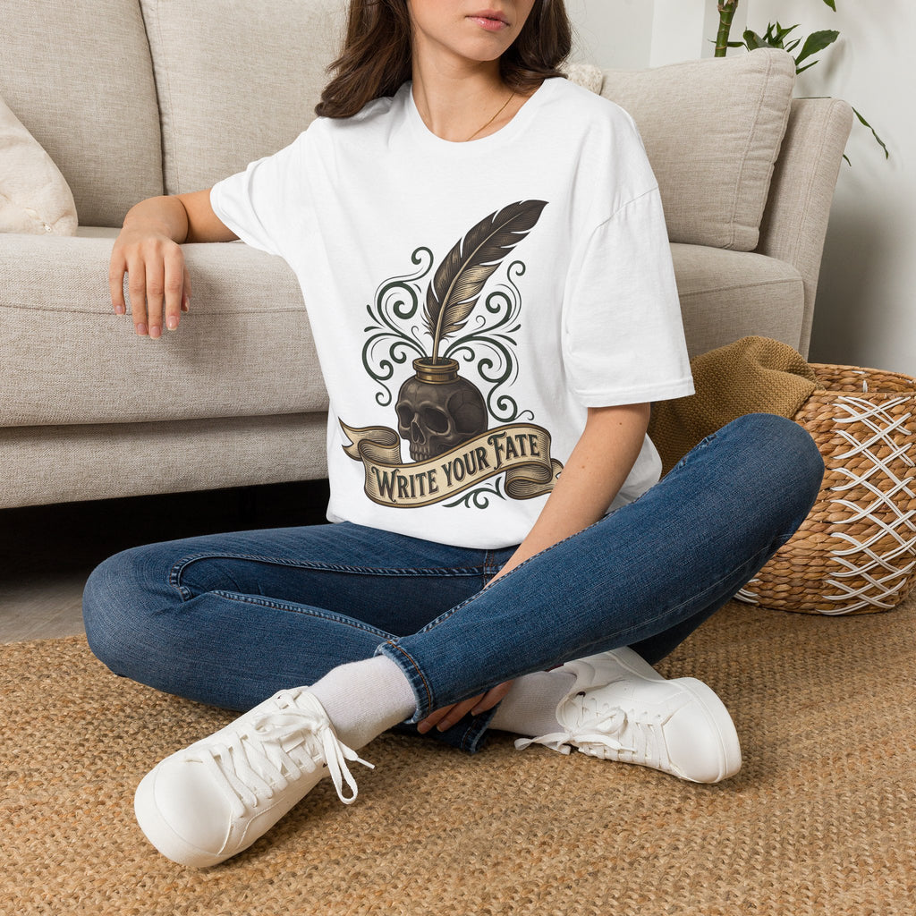 White quill-and-skull graphic T-shirt with “Write Your Fate” ribbon banner on front.