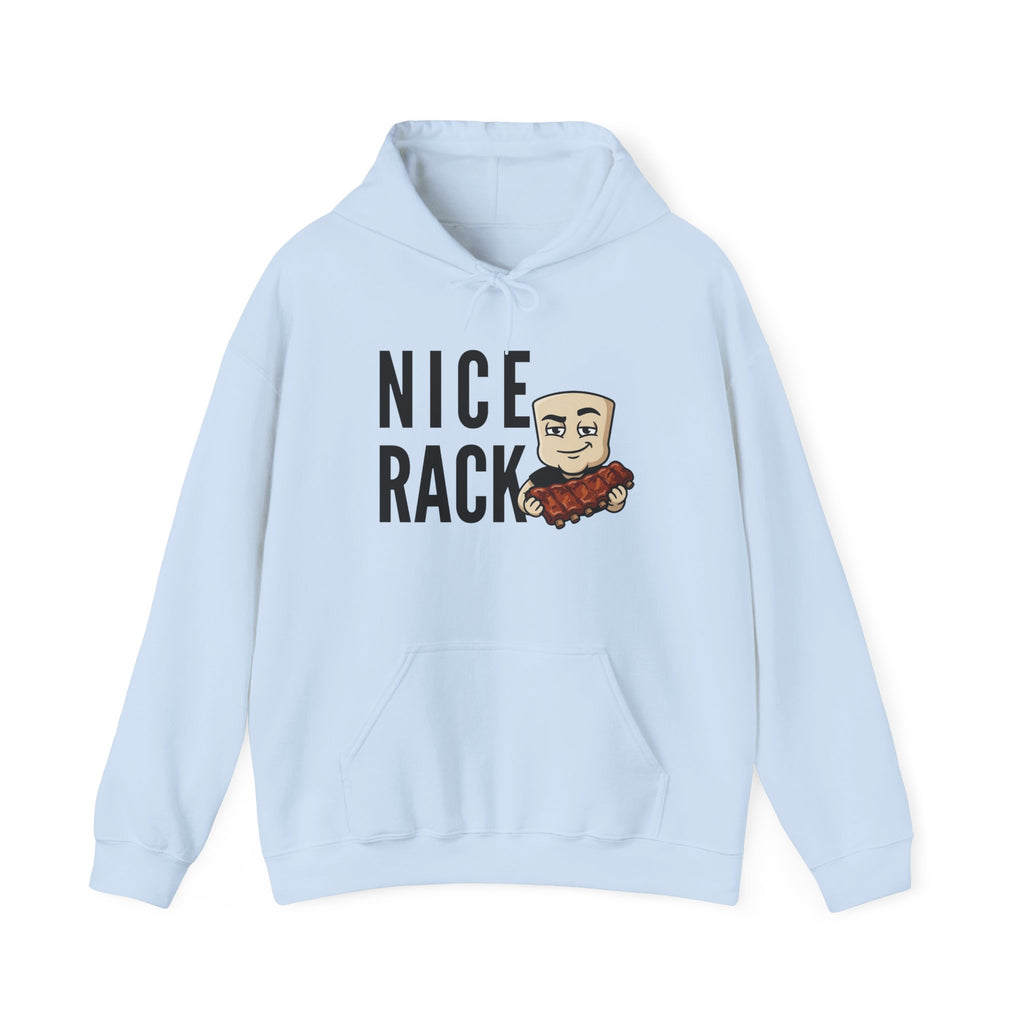 Light blue hoodie with kangaroo pocket, drawstring hood, and bold rib graphic on chest.