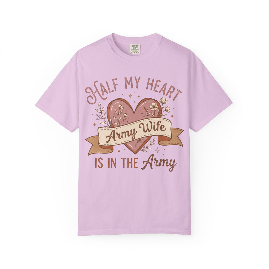 Light purple T-shirt with “Half My Heart” and “Army Wife” heart graphic