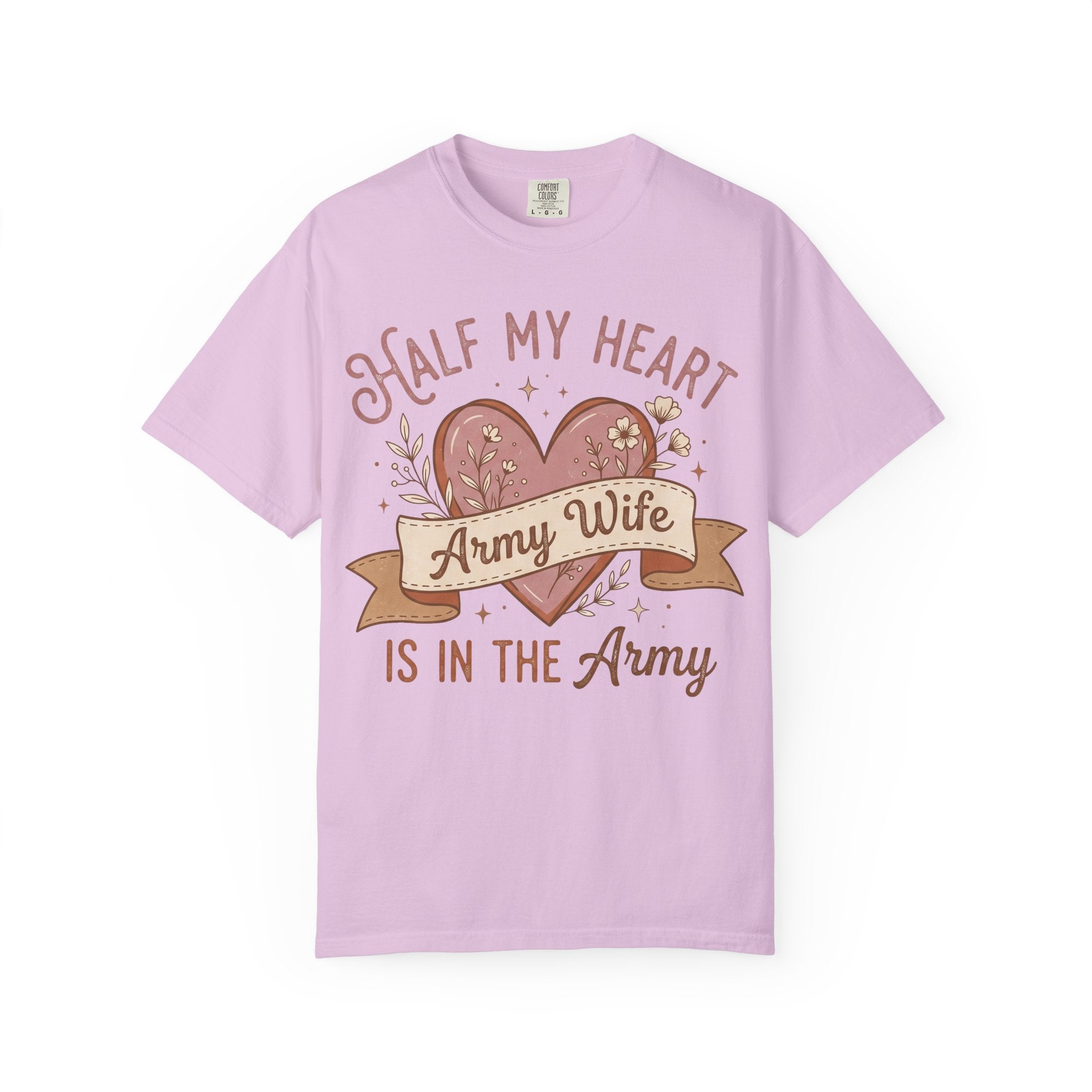 Light purple T-shirt with “Half My Heart” and “Army Wife” heart graphic