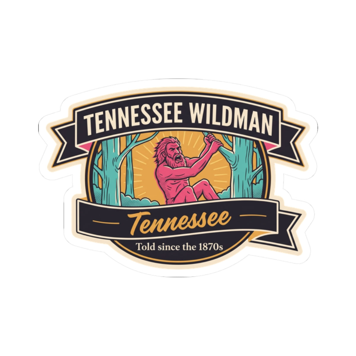 Die-cut Tennessee Wildman sticker featuring teal arch, magenta figure, and “Tennessee” banner.