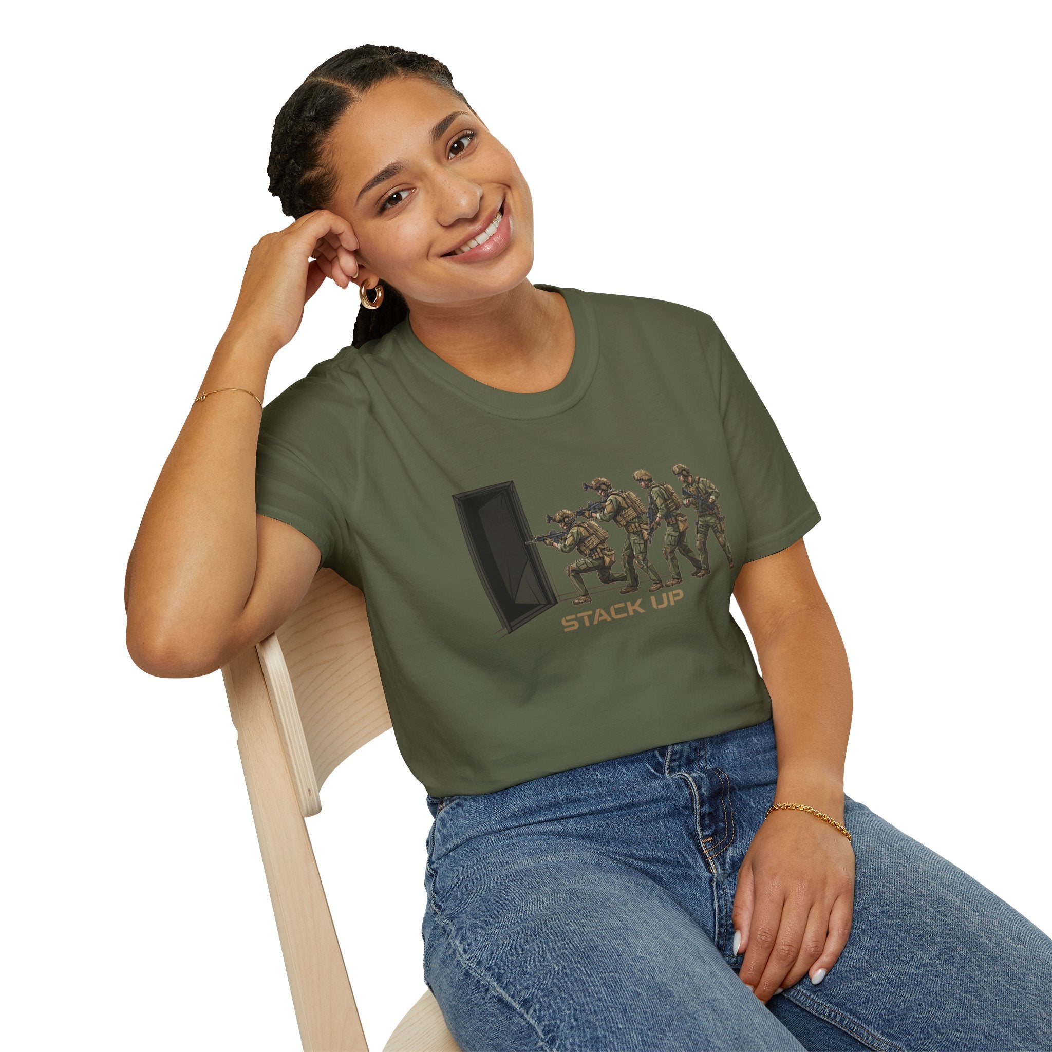 Military green T-shirt with 'Stack Up' door breach soldier graphic