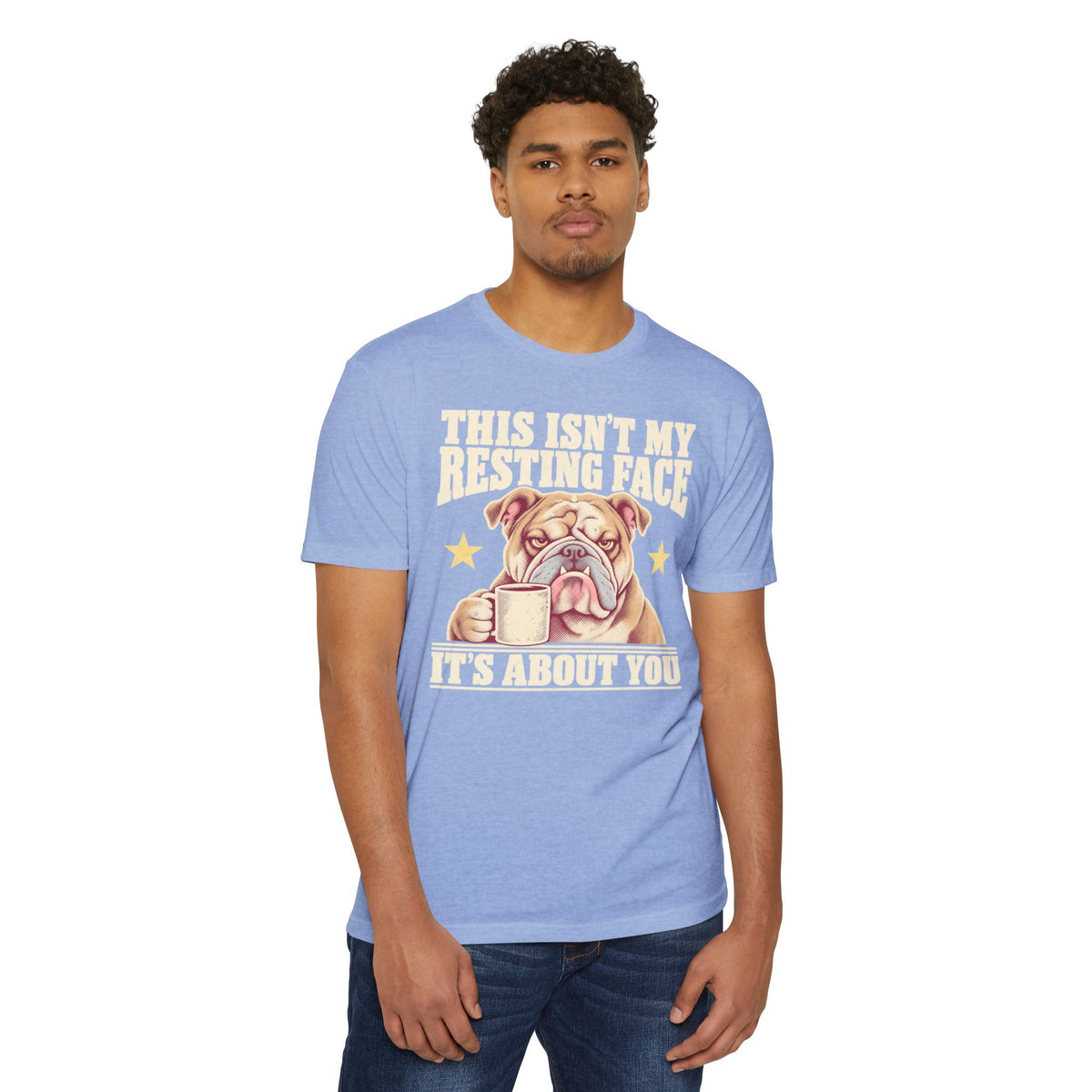 Unisex light blue T-shirt with grumpy bulldog coffee mug graphic and text, front view
