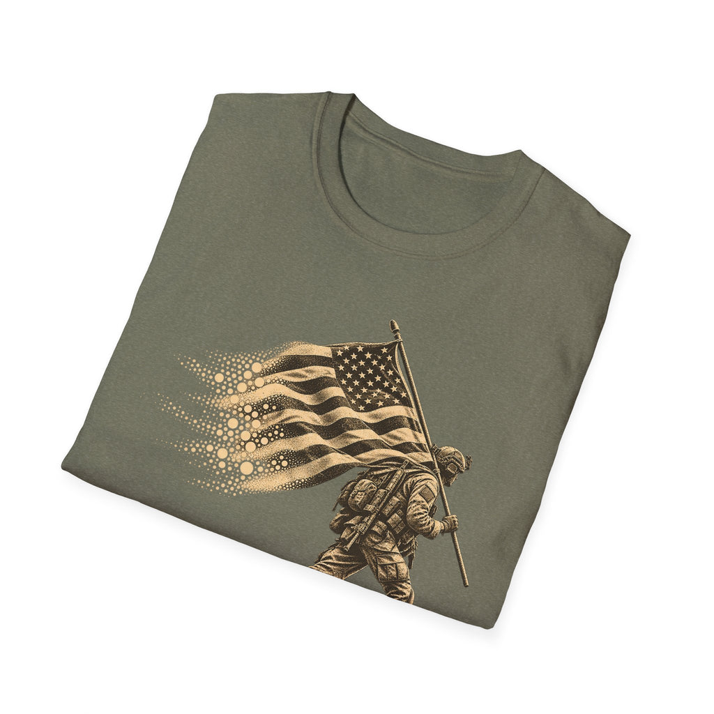 Carry the Colors graphic soldier T-shirt, olive green with flag-bearer front print