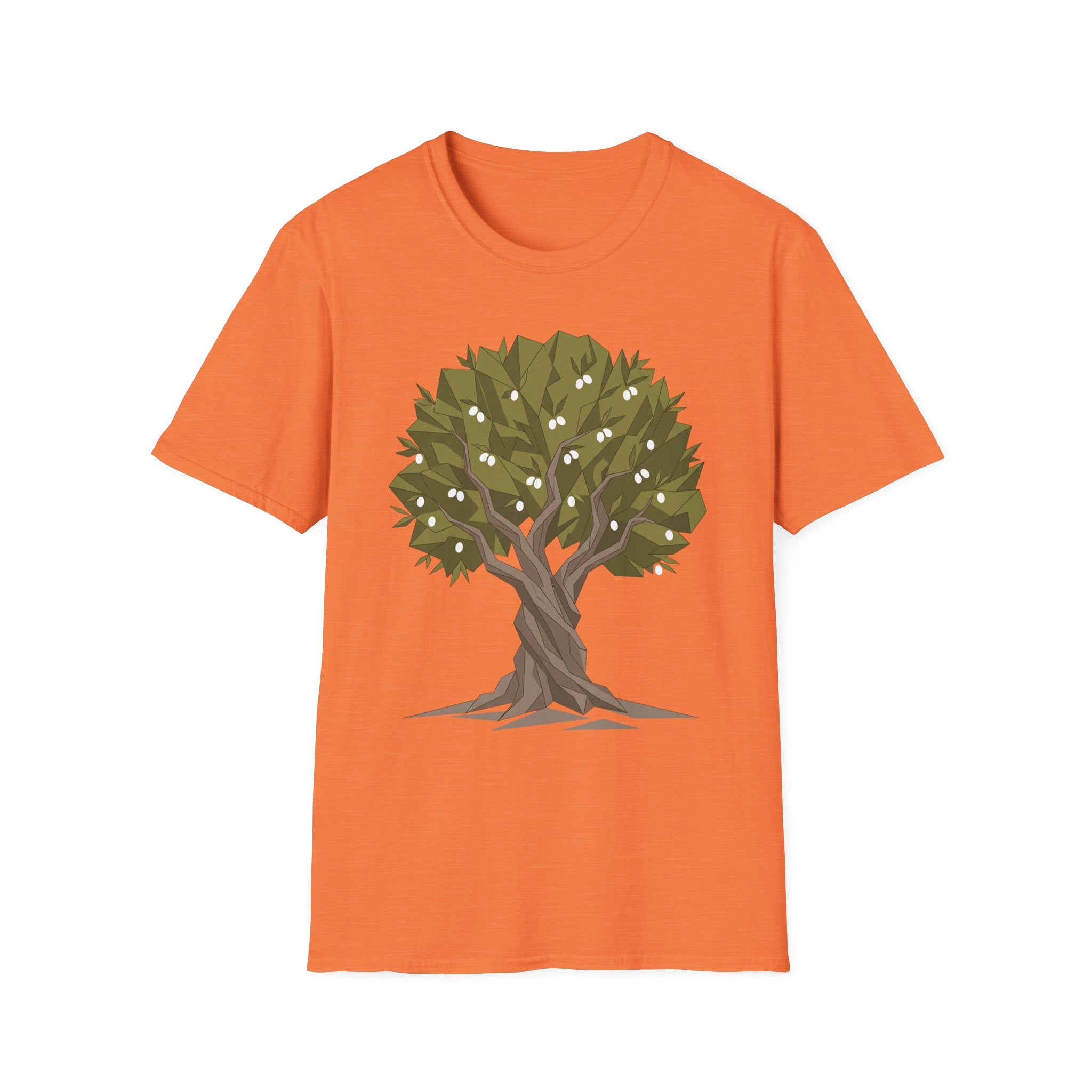Twisted Olive Tree T-Shirt in orange with twisted tree botanical graphic and olive canopy