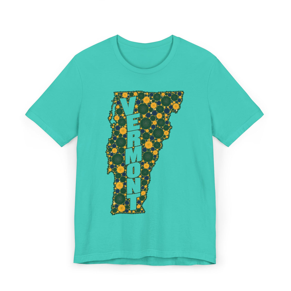 Turquoise T-shirt with multicolor floral Vermont outline and VERMONT text graphic.