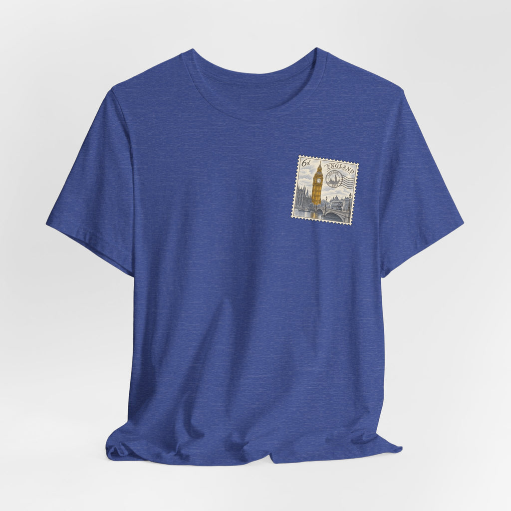 Heather blue travel T-shirt with small vintage postage stamp graphic on front