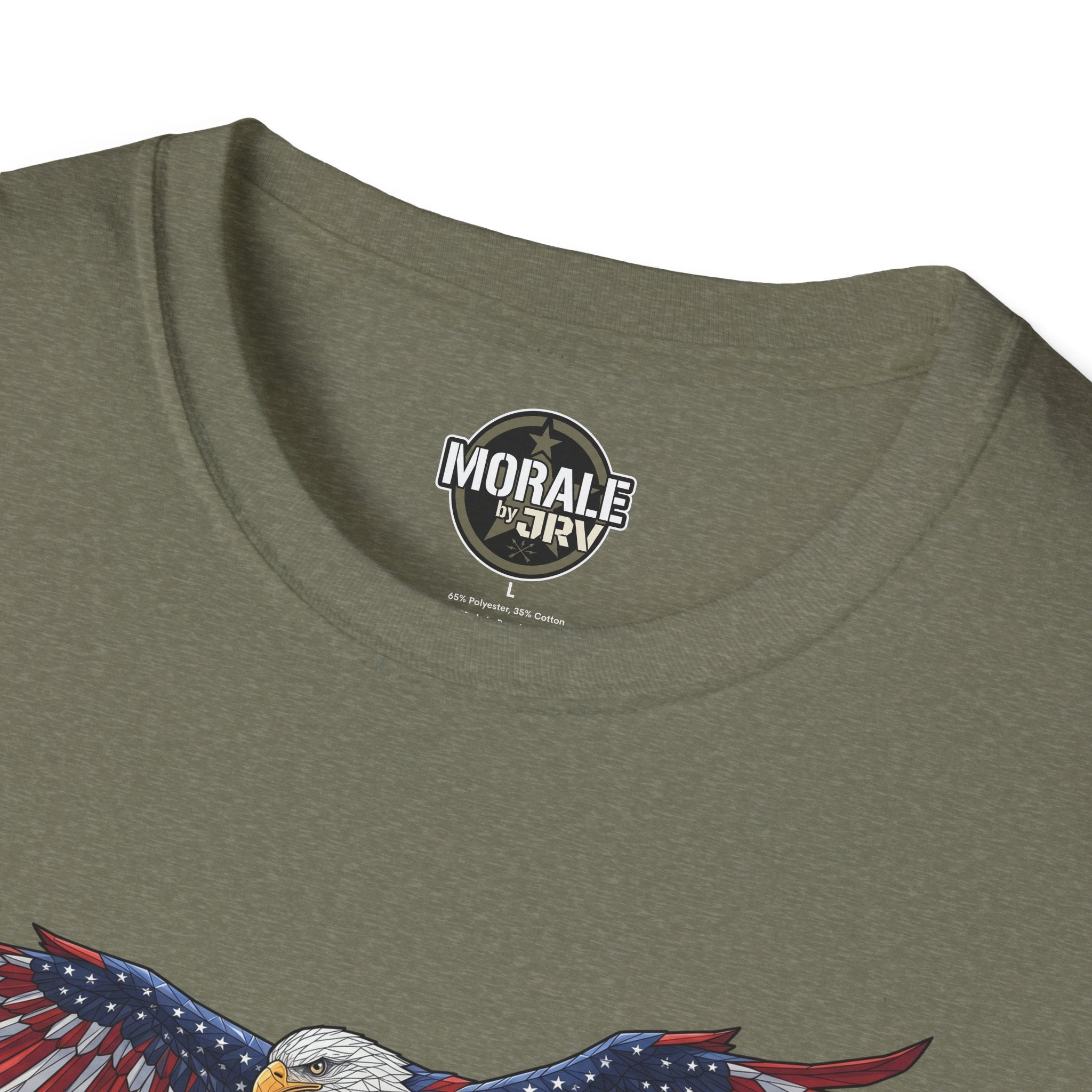 Military green T-shirt neckline with circular “Morale by DIY” logo