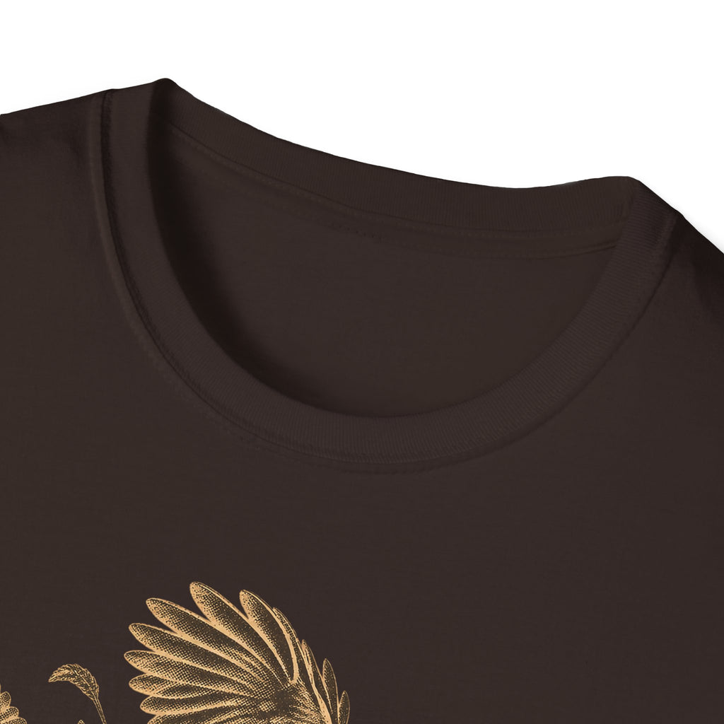 Dark brown short-sleeve T-shirt with gold-tone birds graphic, close-up of neckline