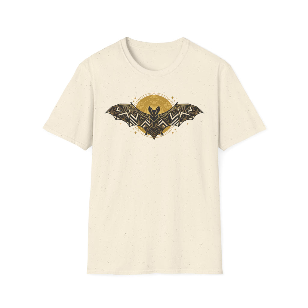 Cream T-shirt with geometric bat logo graphic on front, crew neck