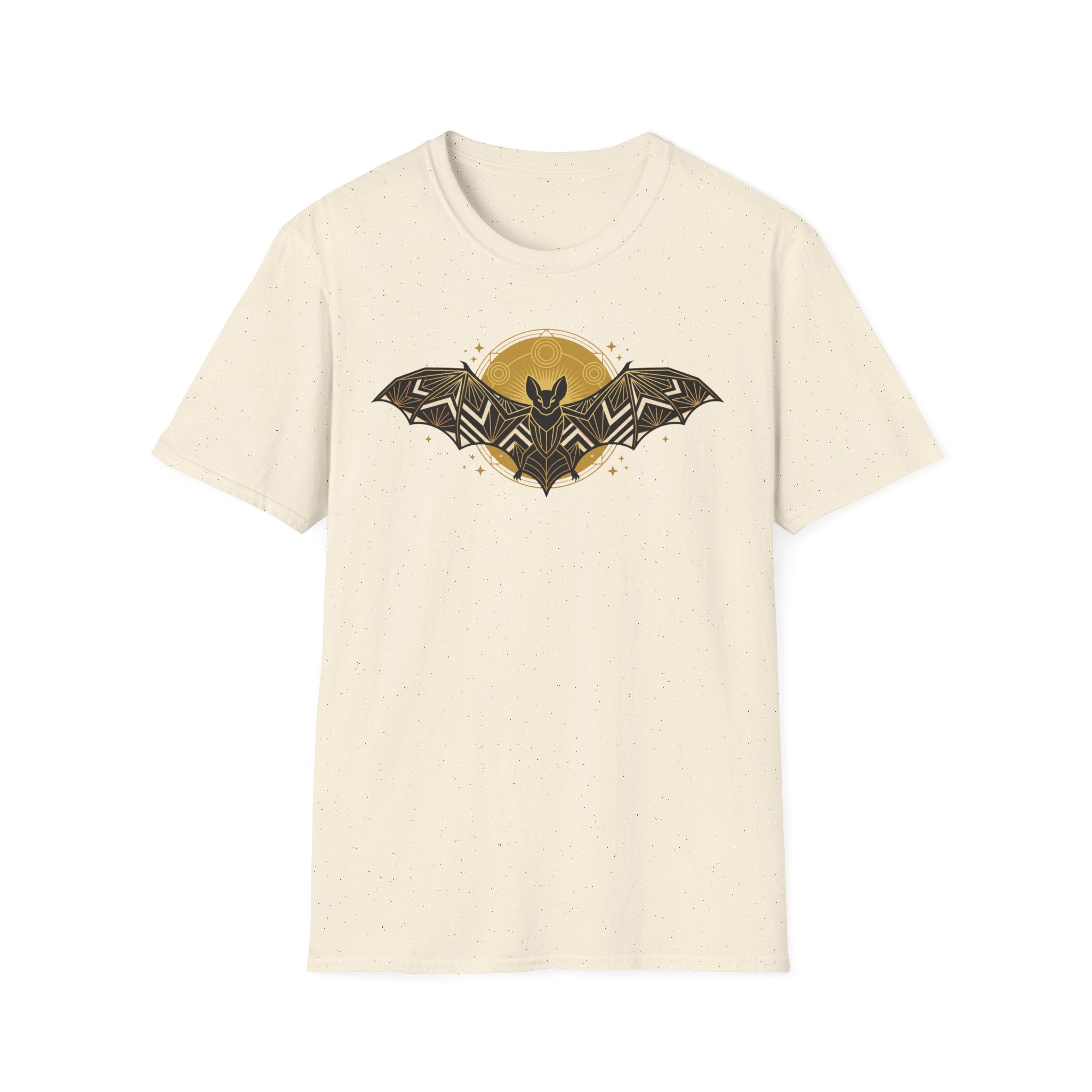 Cream T-shirt with geometric bat logo graphic on front, crew neck