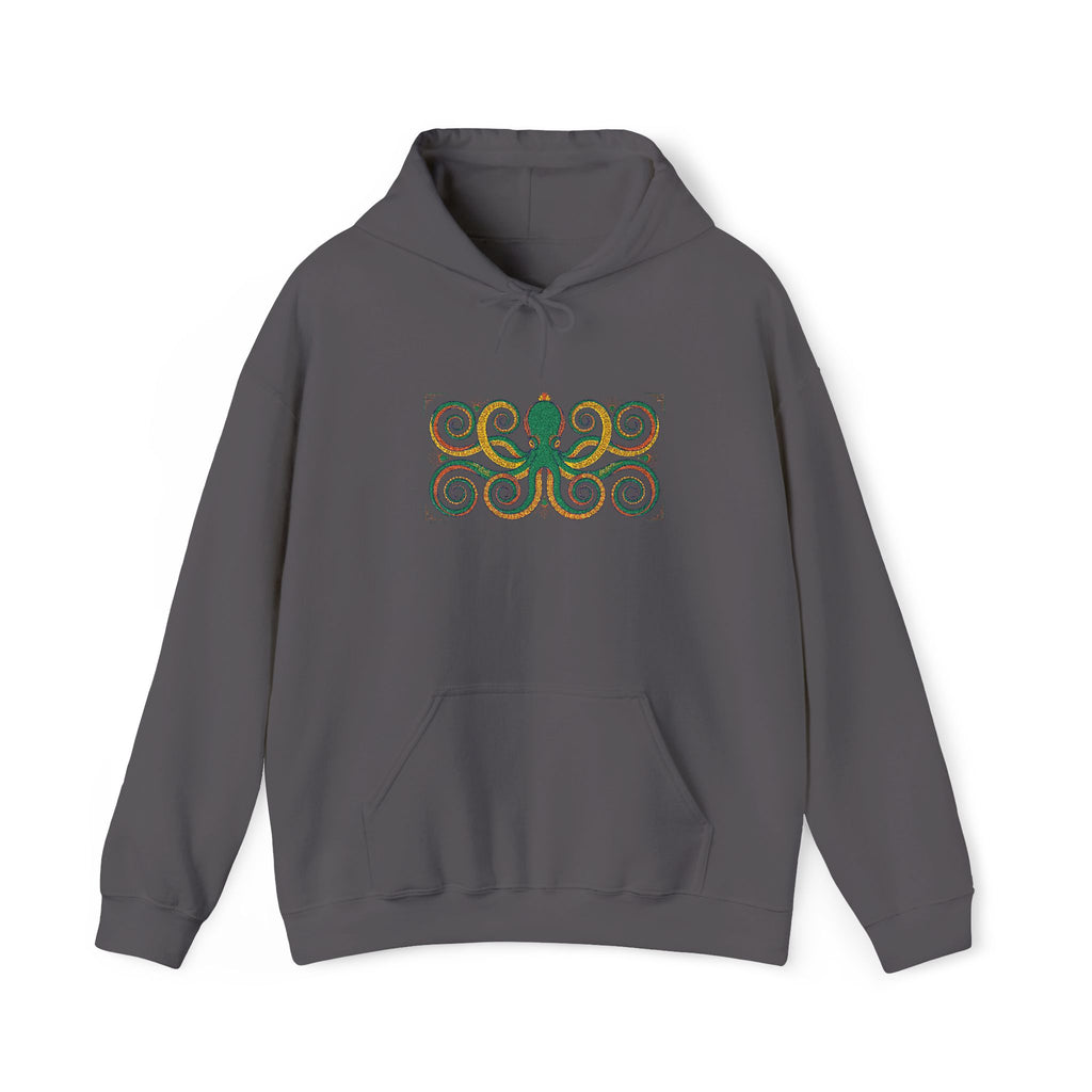 Charcoal pullover hoodie with hood, drawstrings, kangaroo pocket, octopus swirl graphic