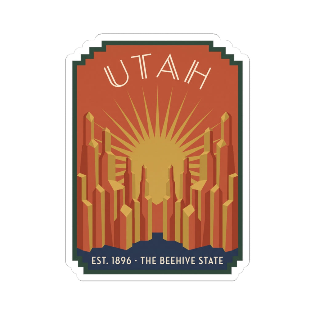 Red Utah beehive sticker with white border, city skyline and EST 1896 text