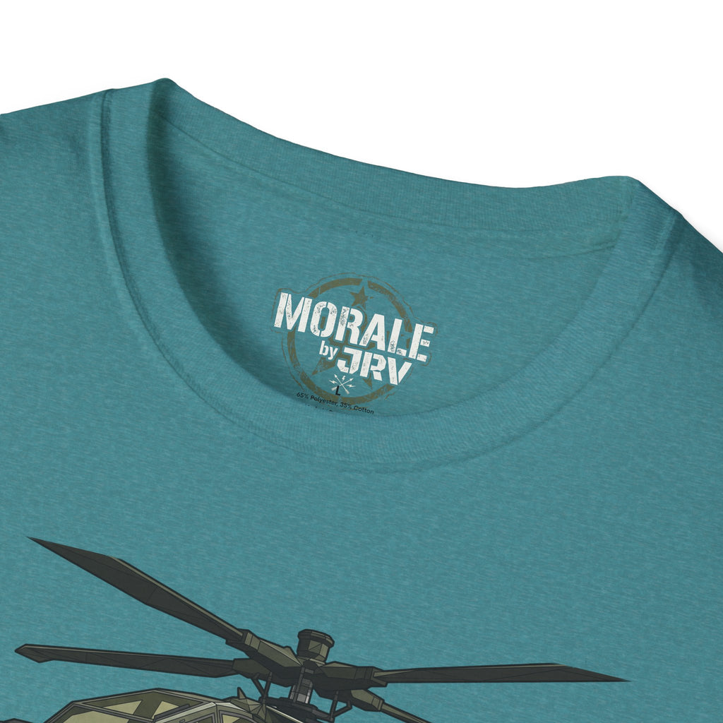AH-64 Apache T-Shirt close-up: “MORALE by TRX” neck print and helicopter graphic.
