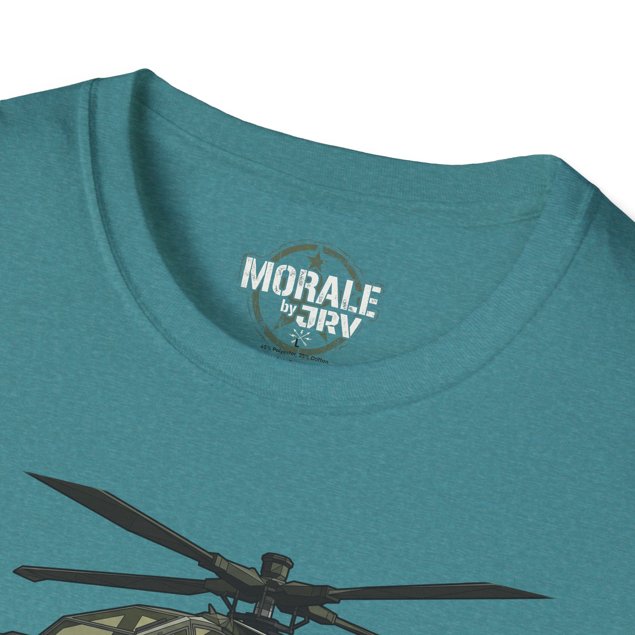 AH-64 Apache T-Shirt close-up: “MORALE by TRX” neck print and helicopter graphic.