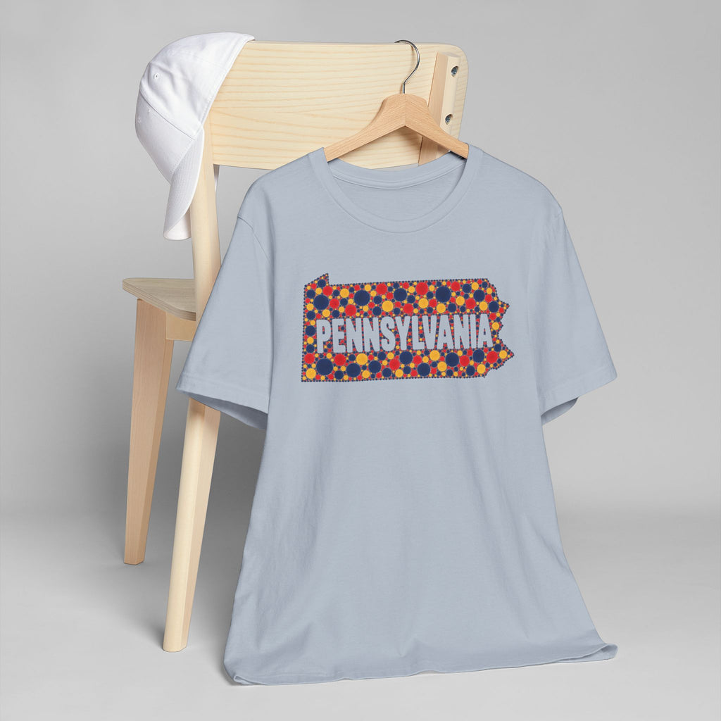 Light blue T-shirt with colorful Pennsylvania floral map graphic
