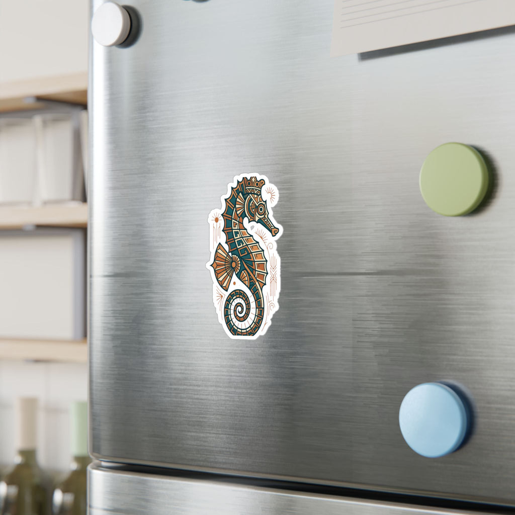 Art deco seahorse vinyl decal on a stainless fridge, teal and orange pattern