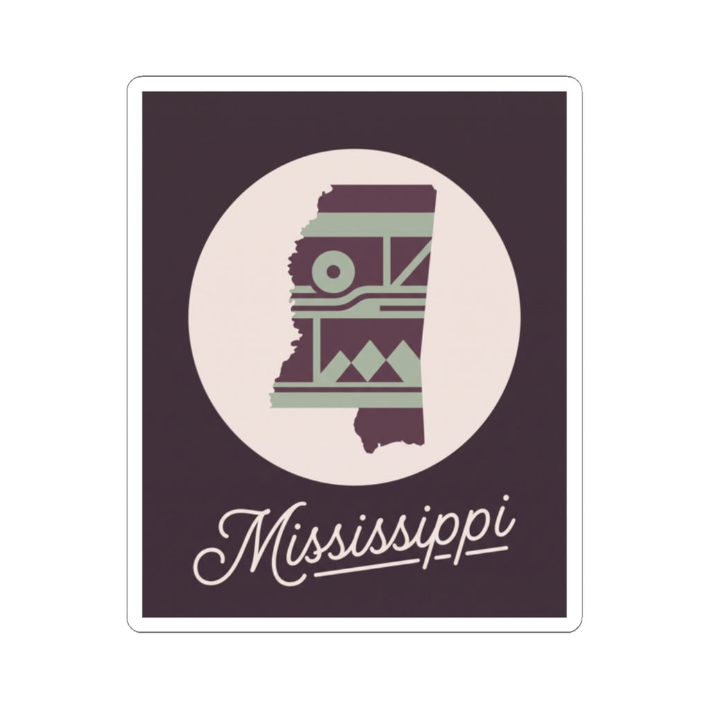 Mississippi state silhouette kiss-cut decal with circular icon and “Mississippi” cursive script
