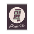 Mississippi state silhouette kiss-cut decal with circular icon and “Mississippi” cursive script