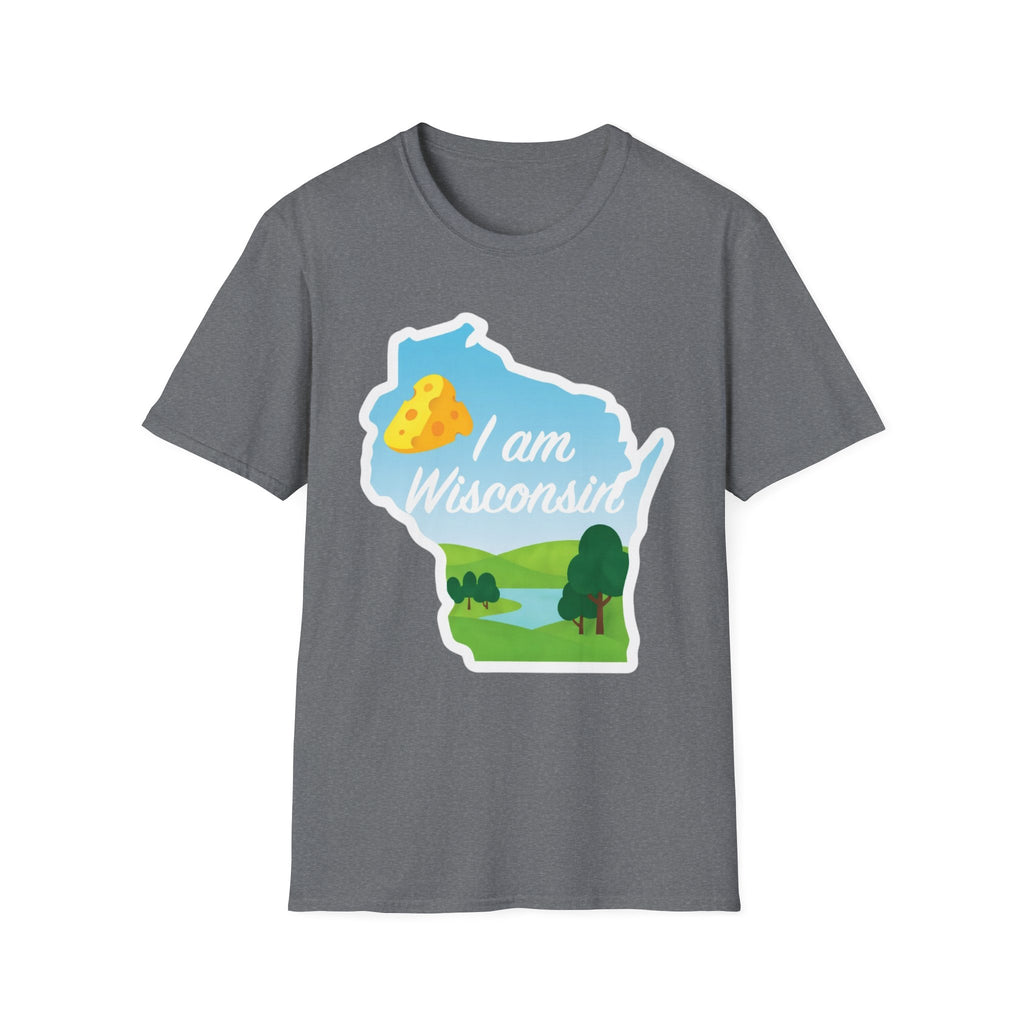 Dark grey T-shirt with Wisconsin outline graphic, cheese & landscape, “I am Wisconsin”