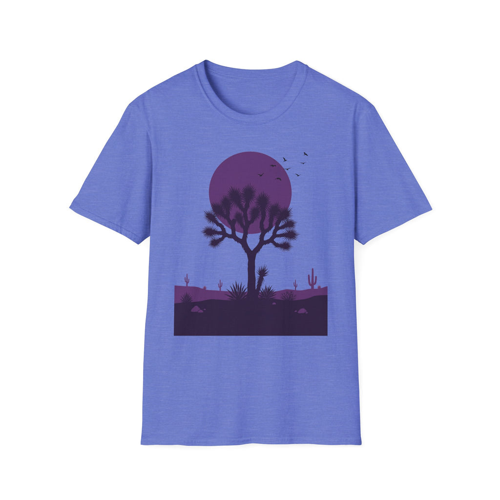 Light blue T-shirt with purple moon and Joshua tree desert landscape silhouette graphic