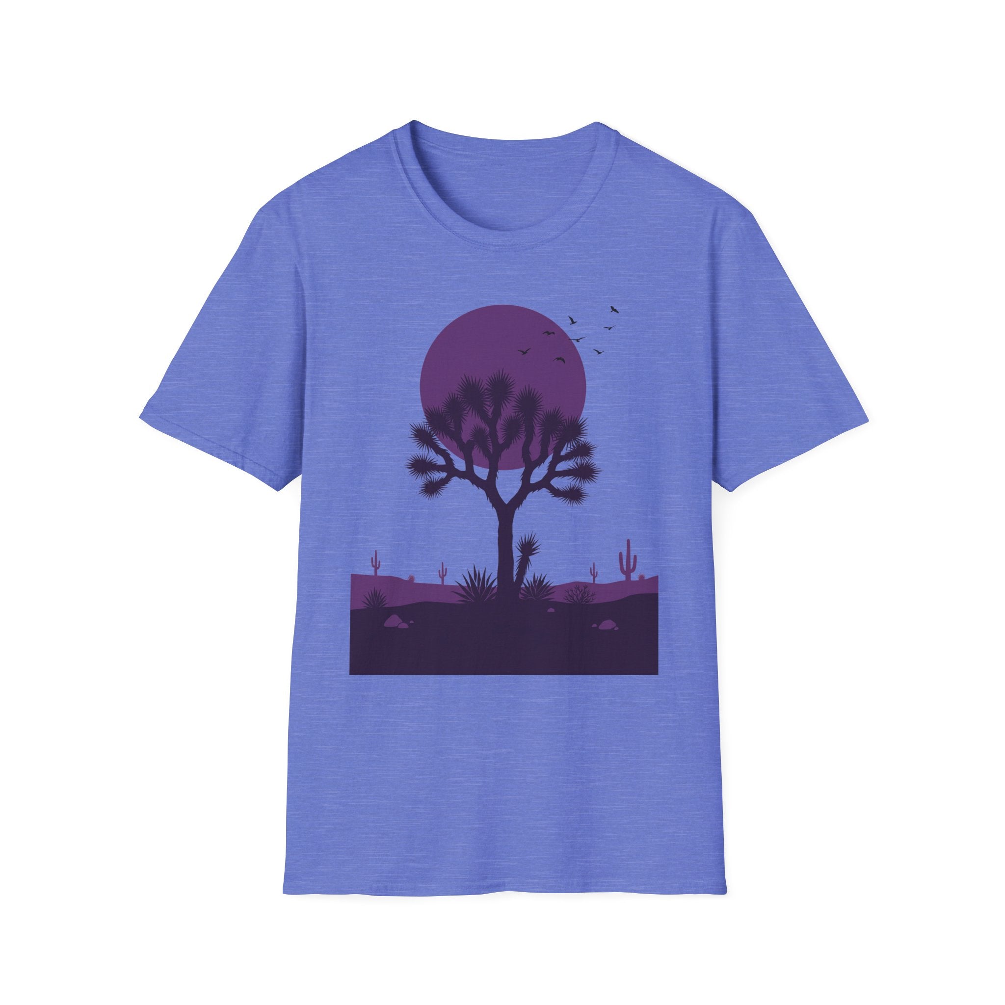 Light blue T-shirt with purple moon and Joshua tree desert landscape silhouette graphic