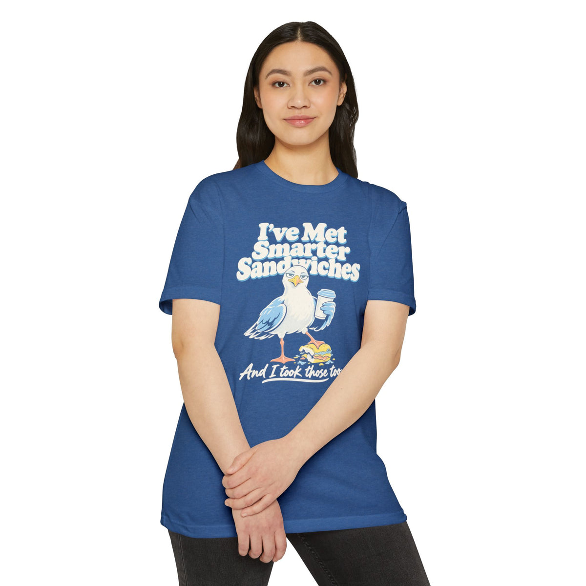 Blue graphic t-shirt with seagull and sarcastic “I’ve Met Smarter Sandwiches” text