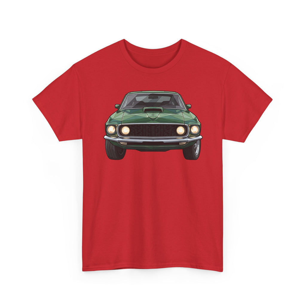 Red T-shirt with vintage green muscle car front and headlights graphic