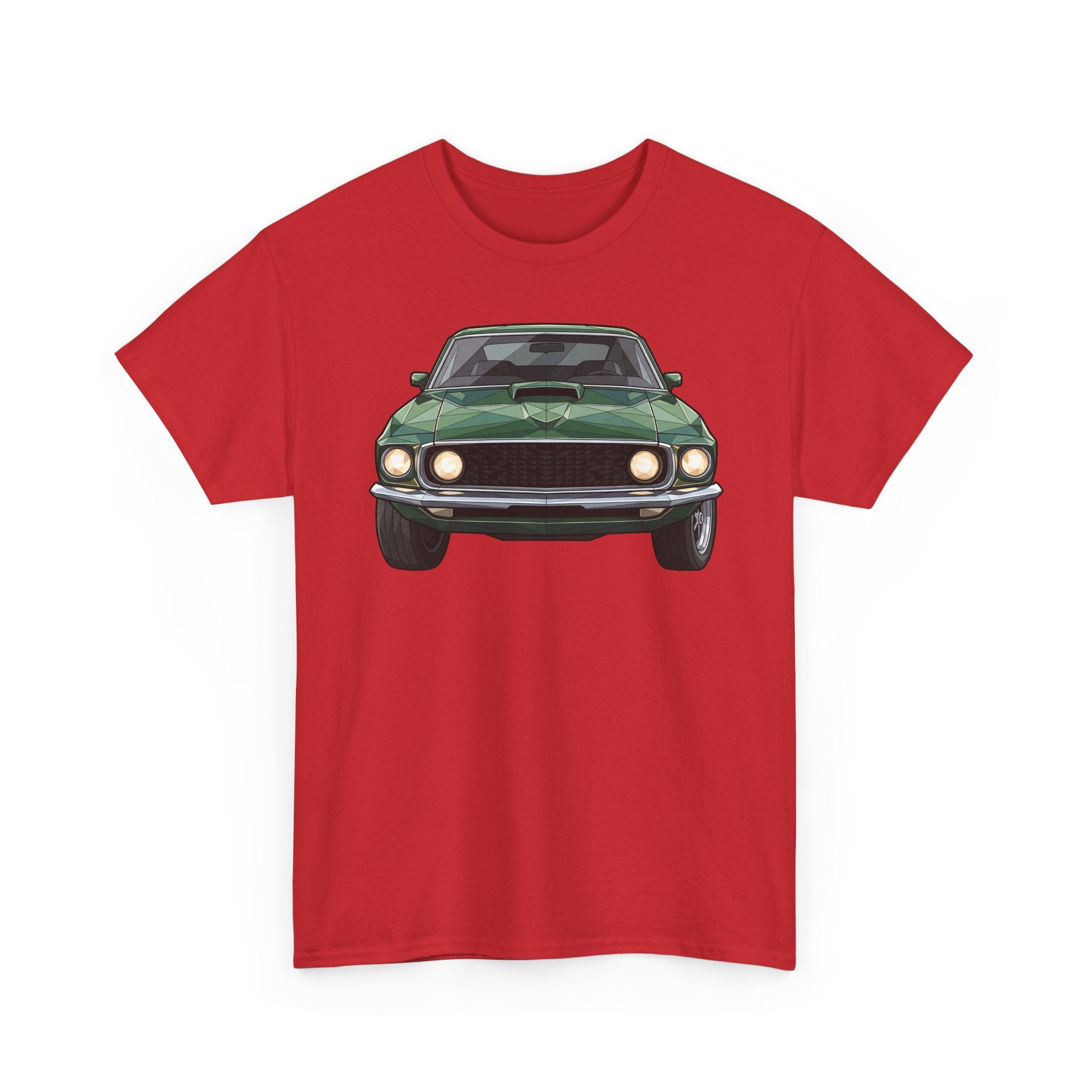 Red T-shirt with vintage green muscle car front and headlights graphic