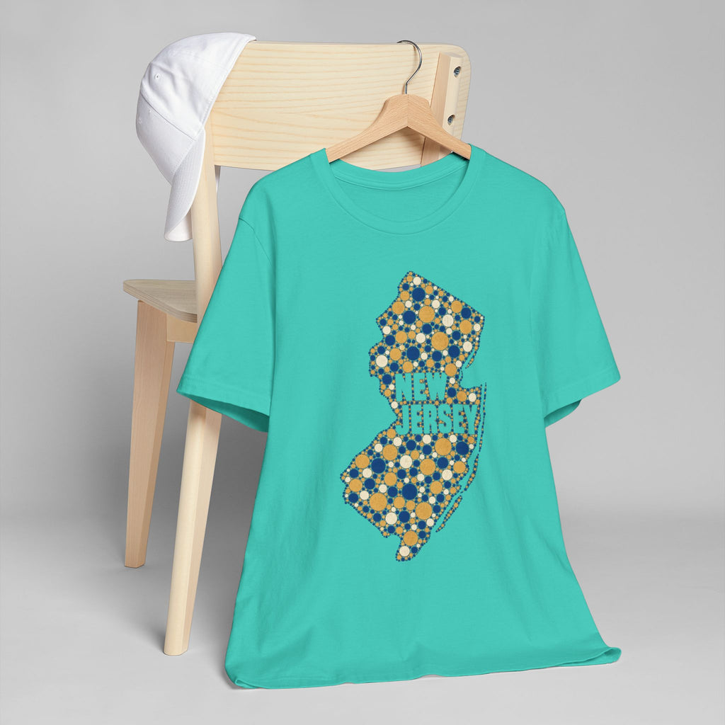 Teal short-sleeve t-shirt with blue and yellow New Jersey floral map graphic